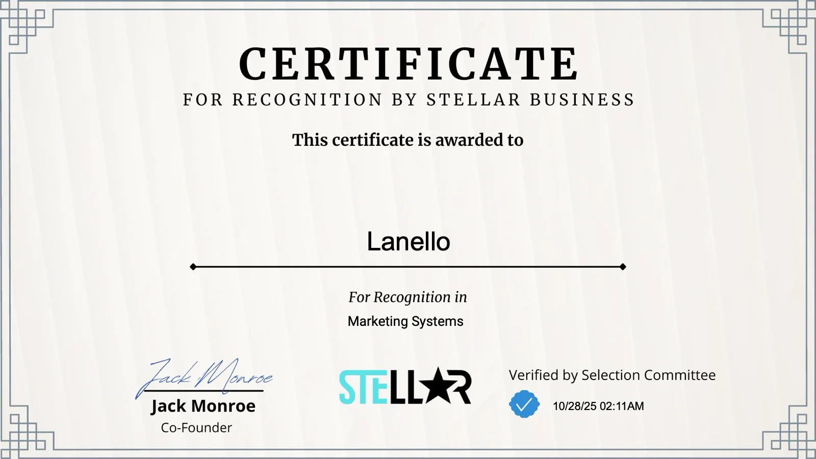 Stellar Business certificate of recognition awarded to Lanello for Marketing Systems